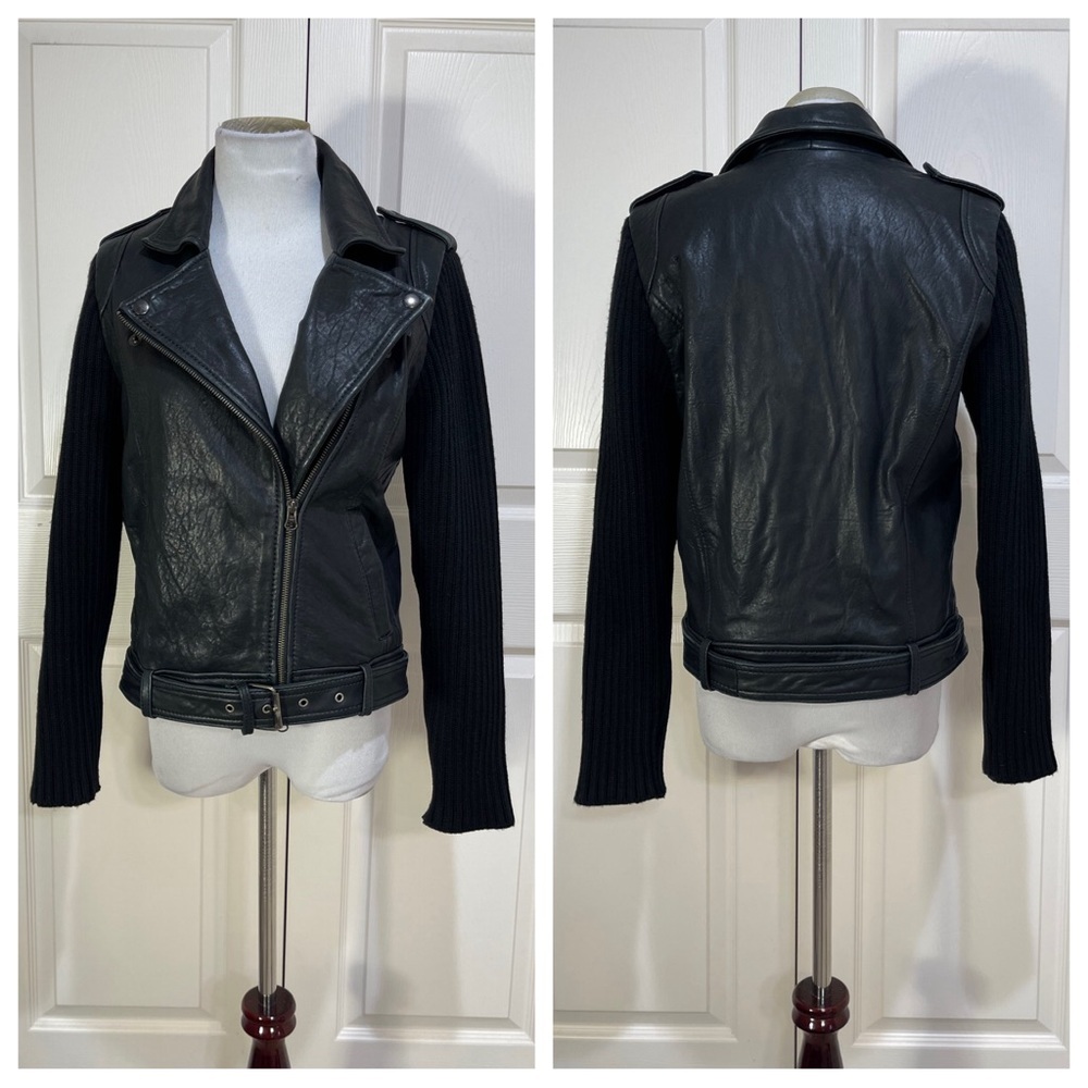 Sandro Black Leather Moto Jacket with Sweater Sleeves